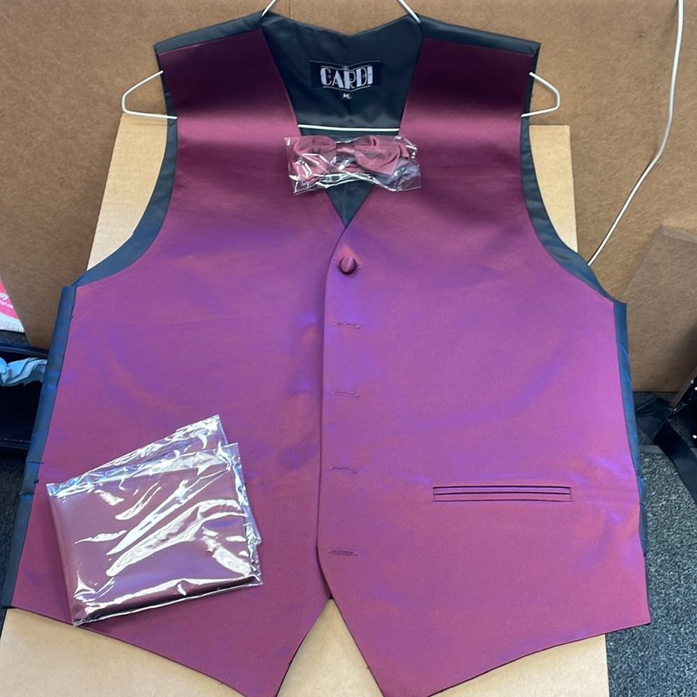 Plum Satin Vest, Bow tie, and Hanky Medium Long New